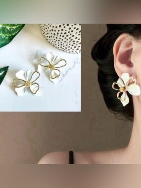 2/$30🌵 White Flower Gold Outline Earrings Statement Garden Floral Jewelry NEW